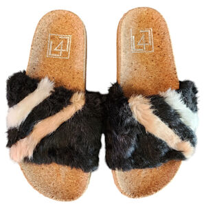 L4L Ace Black Blush Pink & White Faux Fur Slide Sandal 7